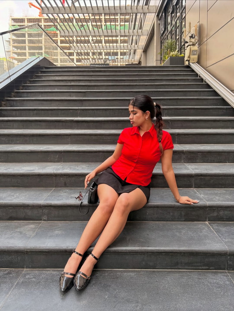 Red Waist Fitted Cotton Shirt
