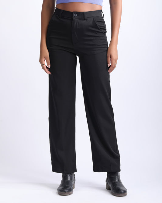 HIGH WAIST STRAIGHT FIT PANTS,black, bottomwear, cream, full length, high rise, high waist, pants, pleated, straight fit, trousers, wide leg,straight-fit-solid-pants-black,Length - Full length Waist - High-rise waist Fit - Straight fit Color - Black No. of Pockets - 2Material - Polyester Length - 39-41 inch Closure - Zip & button