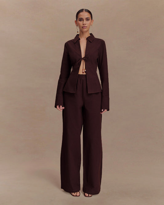 coord sets,bottomwear, topwear,casual chic, outddoors, vacation, lunch date, summer,urban fit, genz, minimal,woven,cotton,,,dark brown,solid,,,beads,regular fit top,front slit top,longline top,straight hem,lapel collar,no straps,long sleeves,full sleeves,tie up top,pants,wide leg pants,full length,straight hem,mid rise waist,side pockets, OY3052, 25070023GG