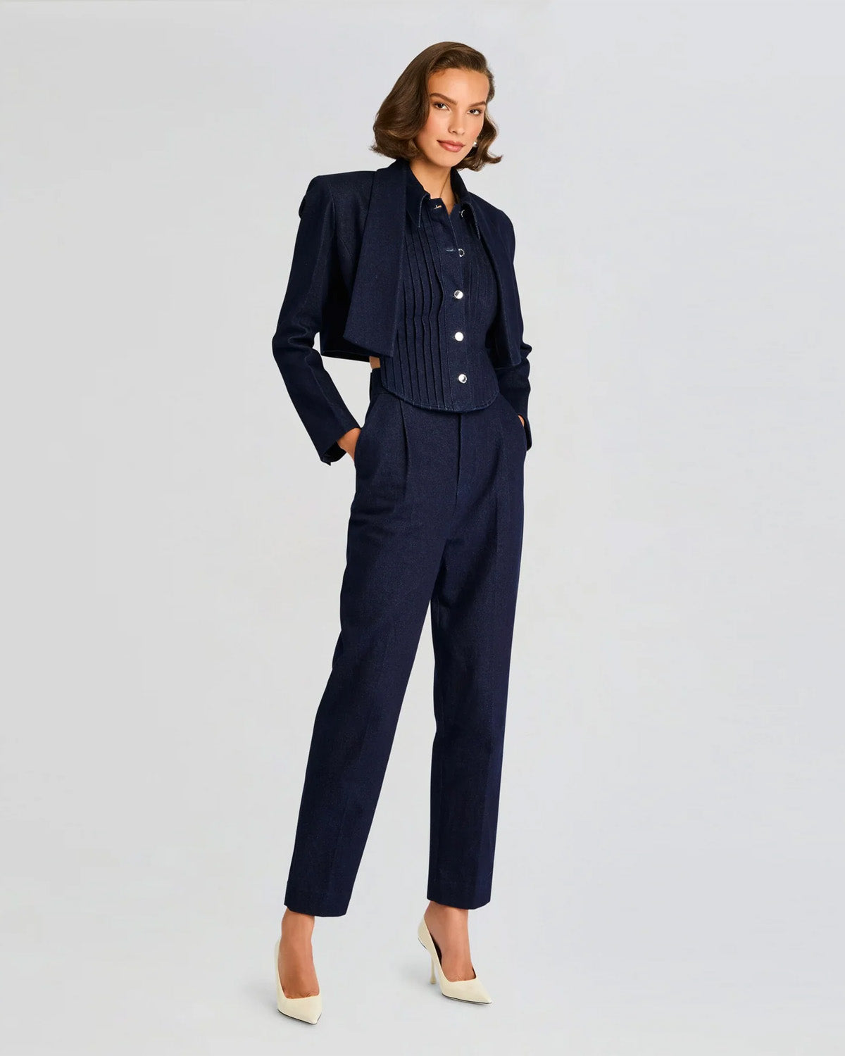 coord sets,bottomwear, topwear,casual chic, vacation, outdoor events, summer, bold,genz,woven,denim,pleated,denim blue,solid,pleats,buttons,slim fit top,waist fitted top,waist length top,curve hem top,halter neck,no straps ,no sleeves,sleeveless,button up,pants,tapered pants,full length,straight hem,mid rise waist,side pockets	,OY3060, 25070029GG