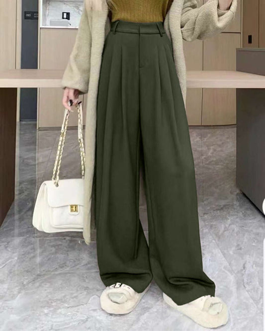PLEATED STRAIGHT PANTS,bottomwear, full length, high rise, olive green, pants, pleated, polyester, relaxed fit, semi-formal, streetwear, summer, wide leg, woven,pleated_straight_pants_olivegreen,Color- Olive GreenFabric- Polyester Type- Wide LegFit- Straight Fit Length- Full Length(41in)Waist- High RiseClosure- Zip & ButtonNo. of Pockets- 2Print- SolidDetail- Pleated*Available with belt