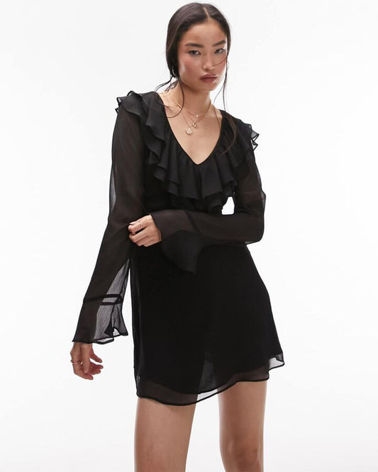 dresses,dresses,date night, outdoor event, party, statement, vacation,beach, soft girl, summer,woven,american crepe, chiffon,black,solid,flounce, textured,regular fit,a line,mini,flared,v-neck,flared sleeves,long sleeves,Color: Black
Fabric: American Crepe
Type: A-Line Dress
Fit: Regular Fit
Length: Mini
Neck: V-Neck
Sleeve: Flared Sleeves
Print: Solid
Details: Flounced neckline adds feminine touch to the design.,FLOUNCED NECK A-LINE BLACK DRESS,flounced-neck-a-line-black-dress-black-oy1226,25010027GG