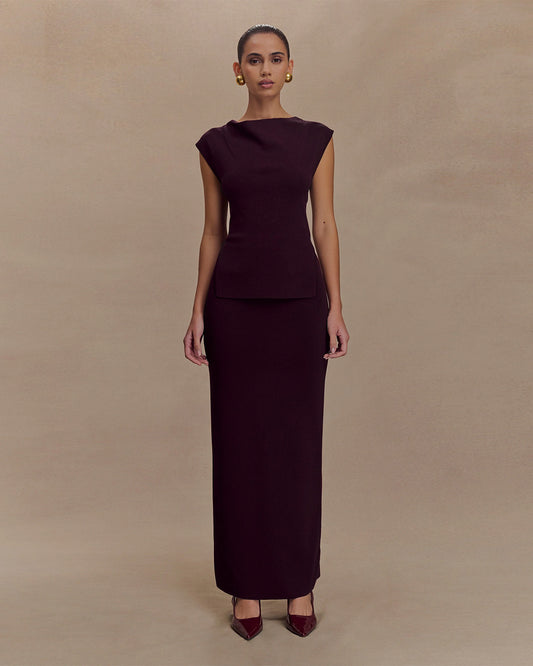 coord sets,bottomwear, topwear,semi-formal, outdoor events, casual chic, summer,urban fit, genz, minimal,knitted,kenzo ribbed,wine ,solid,slim fit top,fitted top,waist length top,slit hem,boat neck,no straps,sleeveless,sleeveless,slip on top,skirts,straight skirt,maxi length,straight hem,mid rise waist,no pockets, OY3043, 25070016GG