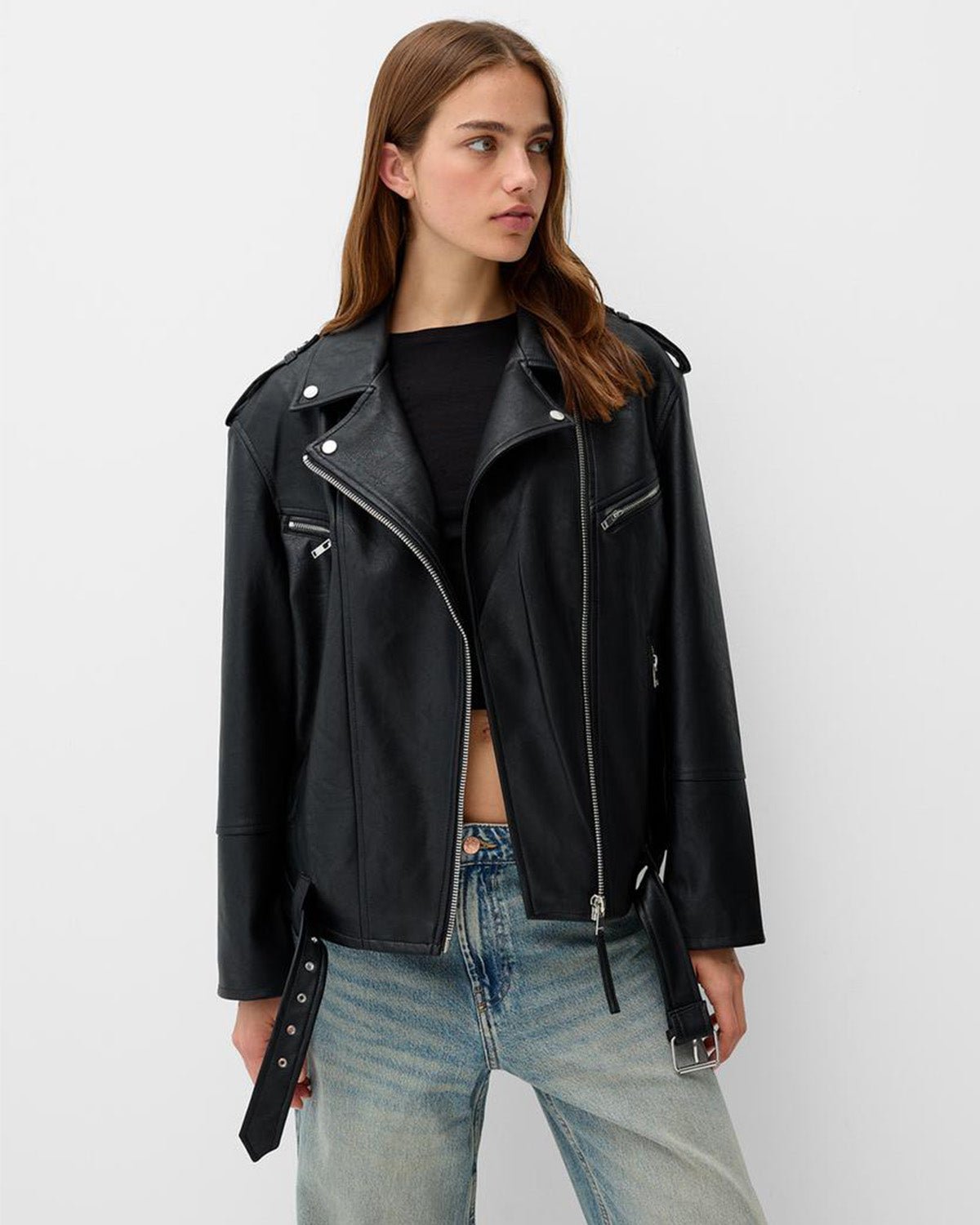 Belted Zip-Up Biker Jacket