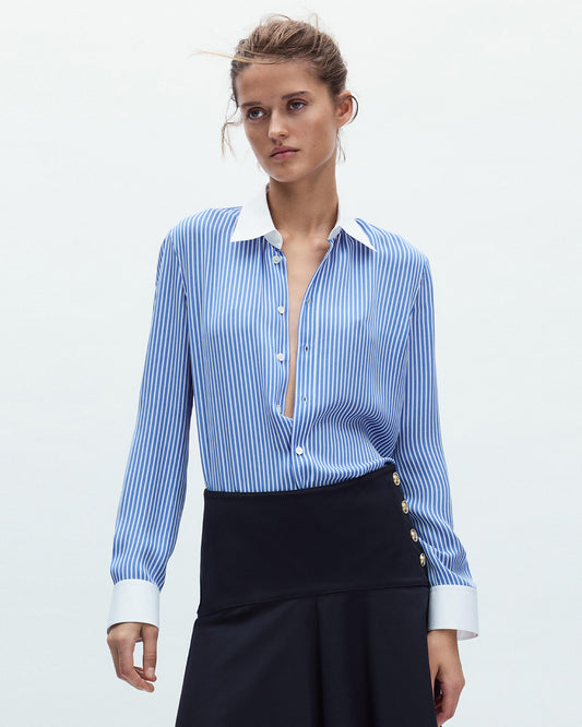 topwear,tops, shirts,casual, formal, semi-formal,minimal, soft girl, summer,woven,polycotton,printed,blue,pinstripes,color block,button,regular fit,shirt,longline,curved hem,shirt collar,full sleeves,cuff sleeves,OY2013, 25060045GG