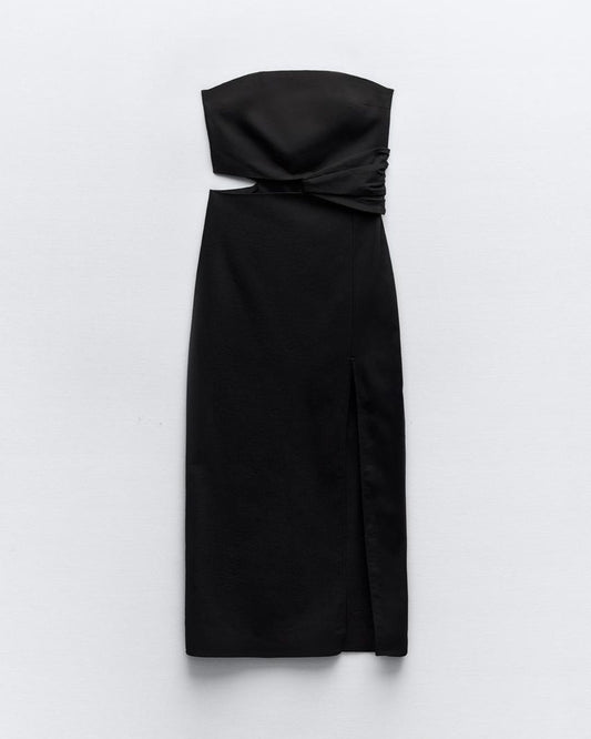 STRAPLESS MIDI DRESS,bandeau, black, casual, cotton, cutout, dresses, glam, midi, off shoulder neck, party, regular fit, ruched, sleeveless, slit, solid, summer, woven,strapless-midi-dress-black,Color- Black
Fabric- Cotton
Type- Bandeau Dress
Fit- Regular
Length- Midi
Sleeves- Sleeveless 
Hem- Slit
Details- Cutout Slit Dress