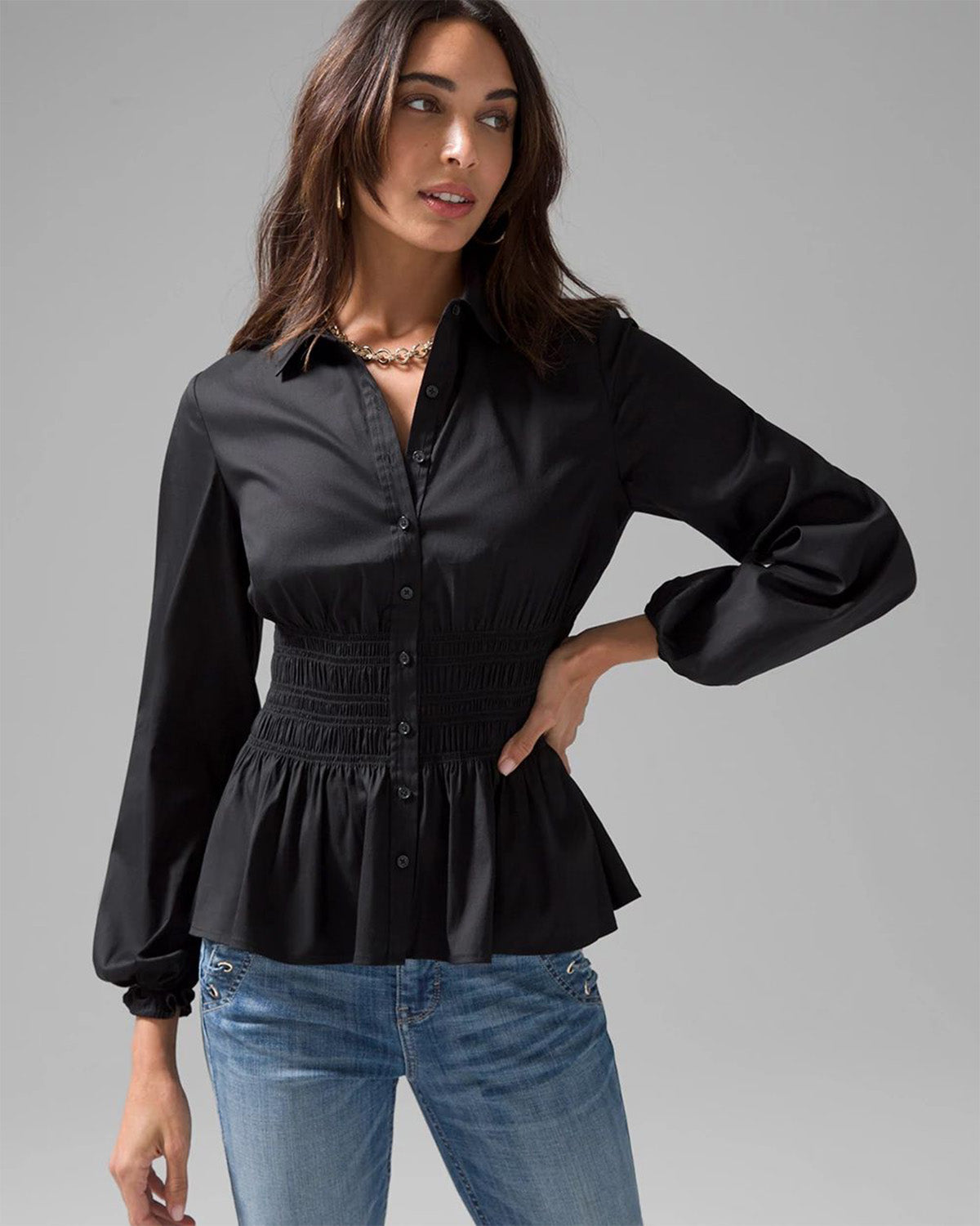 topwear,tops,casual, semi-formal, vacation,minimal, summer,woven,cotton,black,solid,smocked, ruched,button,relaxed fit,shirt,waist length,flared hem,collared,balloon sleeves,long sleeves, OY1910, 25060010GG