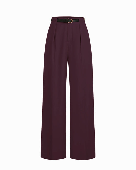 WIDE BELT LOOP PLEATED PANTS,Color: Wine
Fabric: 92% poly 8% spandex
Fit: Straight Fit
Length: Full Length (40")
Waist: High Rise
Closure: Zip & Hook
No. of Pockets: 2
Print: Solid,pants,bottomwear,pants,semi-formal,workwear,stretchable,polyester, spandex,wine,pleated,tailored fit,wide leg,full length,high rise