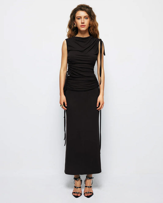 coord sets,bottomwear, topwear,casual, vacation, outdoors, summer,urban fit, genz, minimal,knitted,polyester, spandex,,,black,solid,ruching,drawstring,slim fit top,ruched top,longline top,straight hem,crew neck,no straps,sleeveless,sleeveless,slip on top,skirts,pencil skirt,full length,straight hem,mid rise waist,no pockets,OY3040, 25070013GG