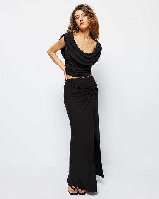 coord sets,bottomwear, topwear,casual, vacation, outdoors, summer,urban fit, genz, minimal,knitted,polyester, spandex,,,black,solid,ruching,,,slim fit top,ruched top,waist length top,straight hem,cowl neck,no straps,sleeveless,sleeveless,slip on top,skirts,slit skirt,full length,straight hem,mid rise waist,no pocket,OY3041, 25070014GG