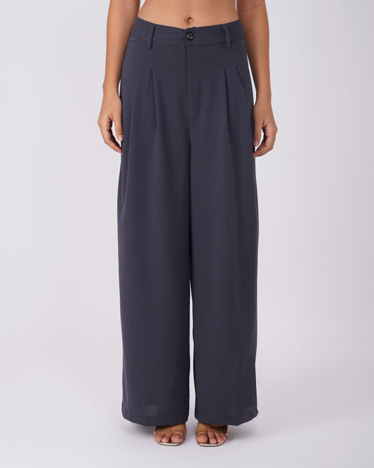TWO PLEATED PANTS,Color: Grey
Fabric: Moss
Type: Wide Leg
Fit: Relaxed Fit
Length: Full Length
Waist: High Rise
Closure: Zip & Button
Print: Solid
Detail: Two Pleats,bottomwear,pants,semi-formal,workwear,woven,moss,grey,pleated,Relaxed fit,wide leg,full length,high rise,Manufacturing batch1_June19,suited for influencer,two-pleated-pants-grey