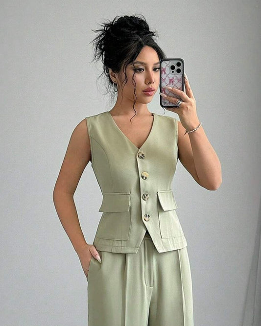flap-pocket-waist-coat-pista,topwear,waist coat,semi-formal,creative workwear,woven,lycra, polyester,pista,flap pocket,regular fit,regular,v-neck,sleeveless,Color: Pista
Fabric: Polyester, Lycra
Fit: Skinny Fit
Length: Regular
Neck: V Neck
Closure: Button
Print: Solid
Detail: Flap pockets in front,FLAP-POCKET WAIST COAT