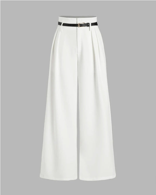 bottomwear,pants,semi-formal,business outfit,stretchable,polyester, spandex,white,pleated,tailored fit,wide leg,full length,high rise, 24090003GG, OY959