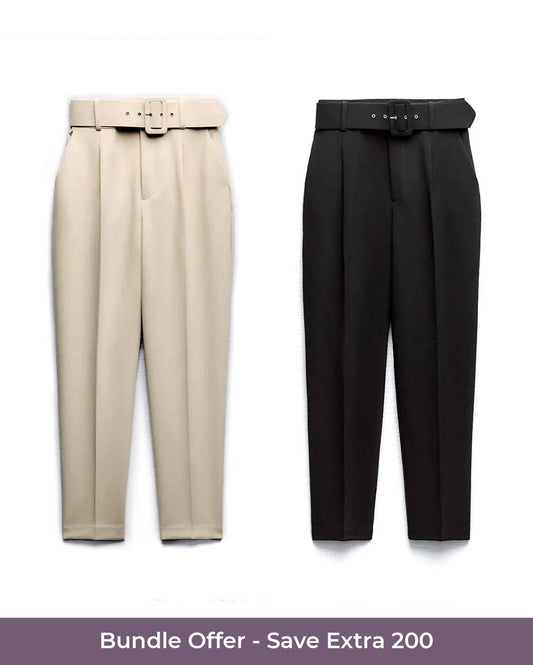 Beige, belt, black, bottomwear, bundle, full length, high rise, pants, polyester, semi-formal, spandex, straight fit, tapered, workwear, woven,set-of-two-belted-stretchable-pants,SET OF TWO BELTED STRETCHABLE PANTS,24120001BU