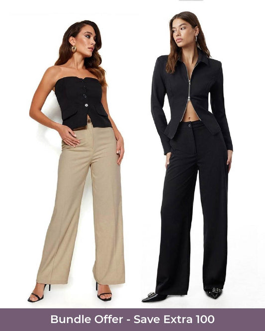 Color: Beige, BlackFabric: 95% poly 5% spandex Length: 42 inches Fit: Straight FitWaist: High Rise Closure: Zip & ButtonNo. of Pockets: 2Print: Solid occasion: workwear relaxed fit semi formal stretchable wide leg,24120002BU