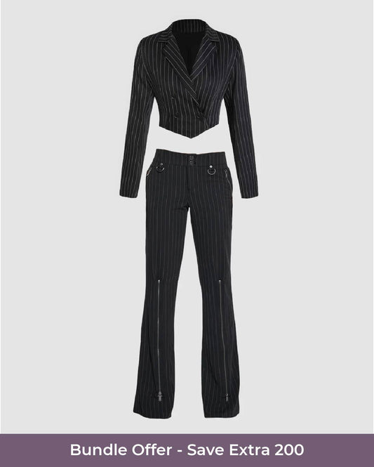 bottomwear,pants,casual,streetwear,woven,polly cotton,black,zipper pocket,zipper,straight fit,flared,full length,high rise,outer wear,blazer,formal, semi-formal,minimal,woven,poly cotton,black,pinstripes,button,tailored fit,cropped blazer,regular,curved,notch collar,long sleeves,25010047BU