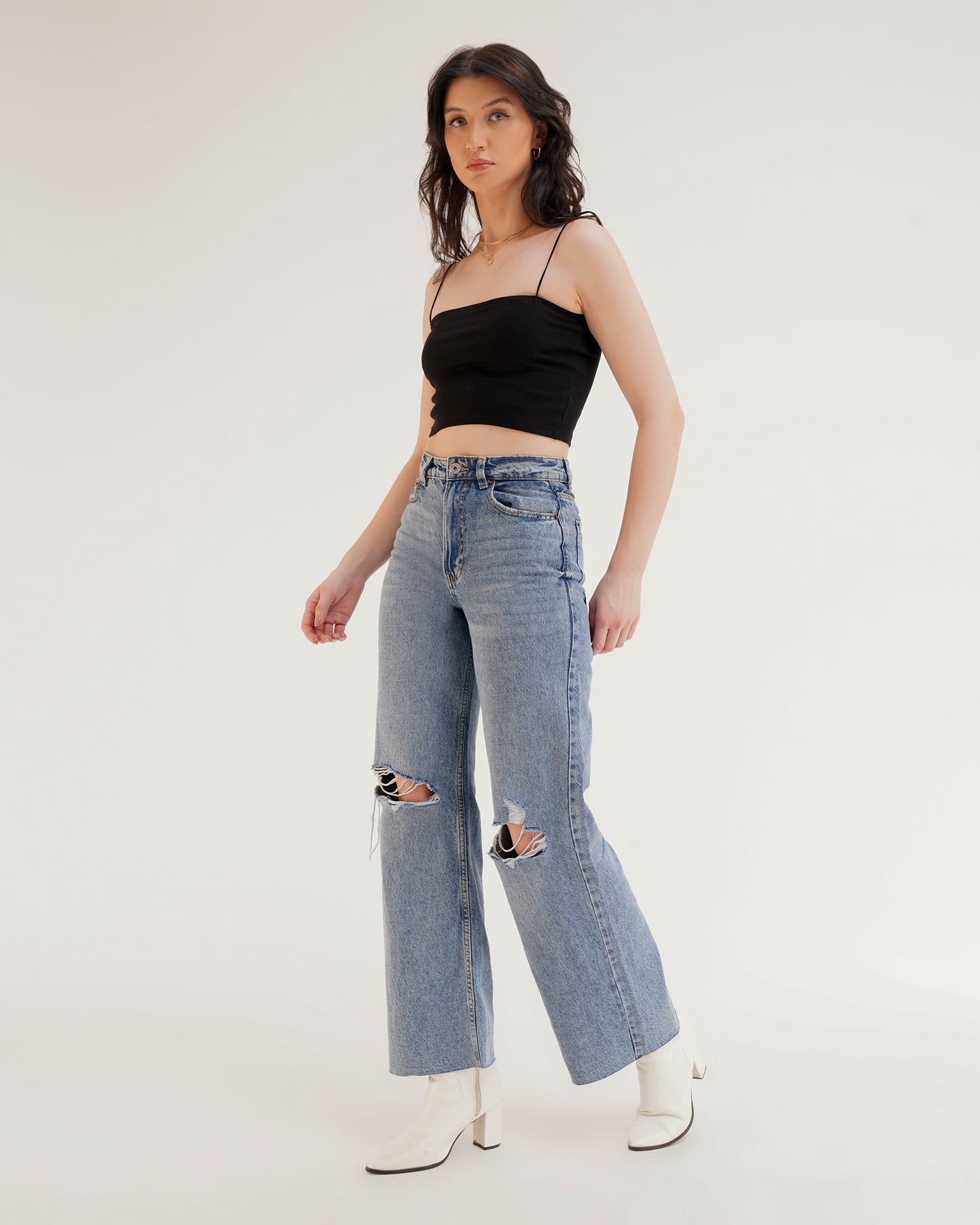 Wide Leg Knee Rugged Washed Jeans