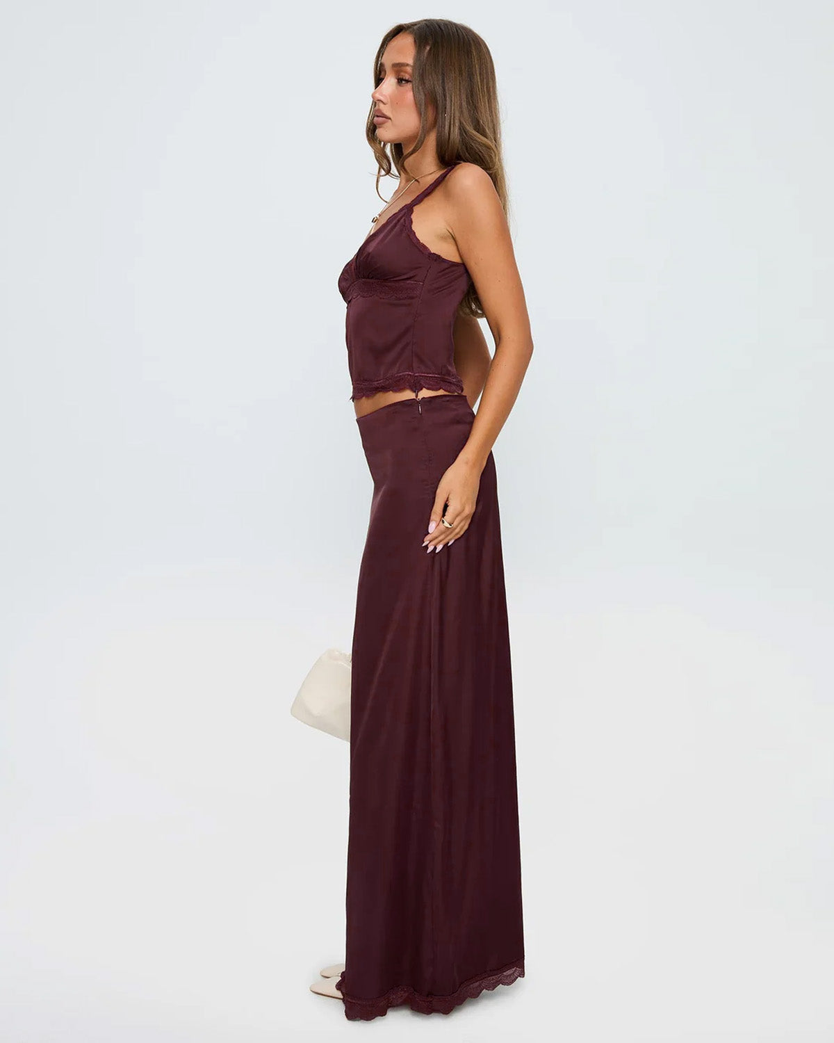 coord sets,bottomwear, topwear,casual chic, vacation, outdoor events, minimal, summer, urban fit, bold, ,knitted,woven,maroon,solid,laced,laced,slim fit top,fitted top,waist length top,scalloped hem,cami neck,adjustable straps,no sleeves,no sleeves,slip on,skirts,straight skirt,full length,straight hem,mid rise waist,no pockets,OY3063, 25070032GG