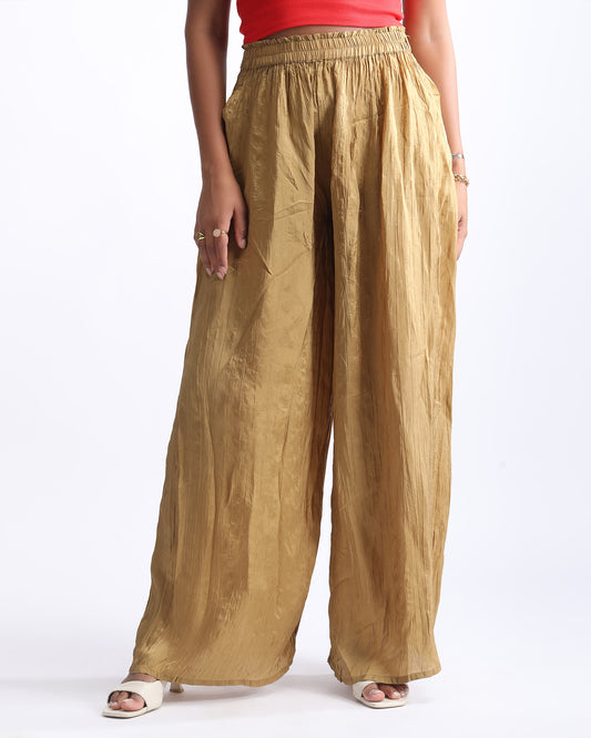 HIGH RISE FLARED PALAZZO,bottomwear, casual, full length, golden, high rise, palazzos, relaxed fit, straight fit, summer, trousers, viscose, woven,high-rise-flared-palazzo-golden,Color- Golden
Fabric- Viscose
Type- Palazzo
Fit- Flared
Length- Full Length
Waist- High Rise
Print- Solid
Details- Crinkled
