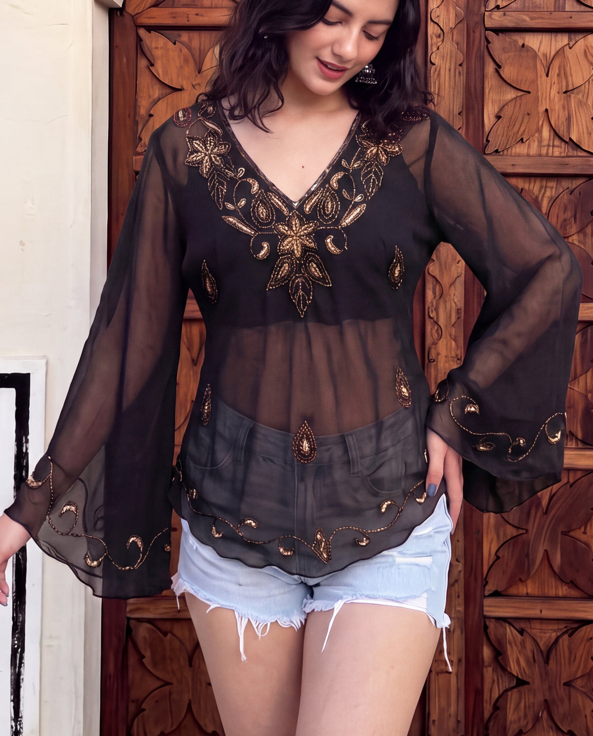 Shaina Embellished Flared sleeve Bohemian Top