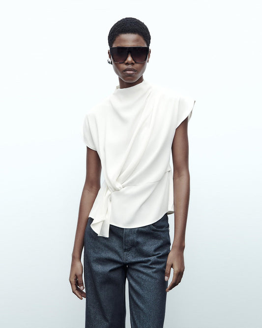 FRONT KNOT REGULAR FIT TOP,casual, drop shoulder, georgette, high neck, regular, relaxed fit, short sleeves, soft girl, solid, summer, tie knot, tops, topwear, white, woven,regular-fit-front-knot-white-top,Neck - High neck Sleeve - Drop sleeve Fit - Regular fit Print/Pattern - Solid Color - White Material - Polyester Detail - Front side knot detailing