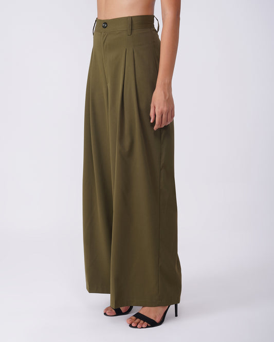 TWO PLEATED PANTS,Color: Olive Green
Fabric: Moss 
Type: Wide Leg
Fit: Relaxed Fit 
Length: Full Length
Waist: High Rise
Closure: Zip & Button
Print: Solid
Detail: Two Pleats,bottomwear,pants,semi-formal,workwear,woven,moss,olive green,pleated,Relaxed fit,wide leg,full length,high rise,Manufacturing batch1_June19,suited for influencer,two-pleated-pants-olive-green