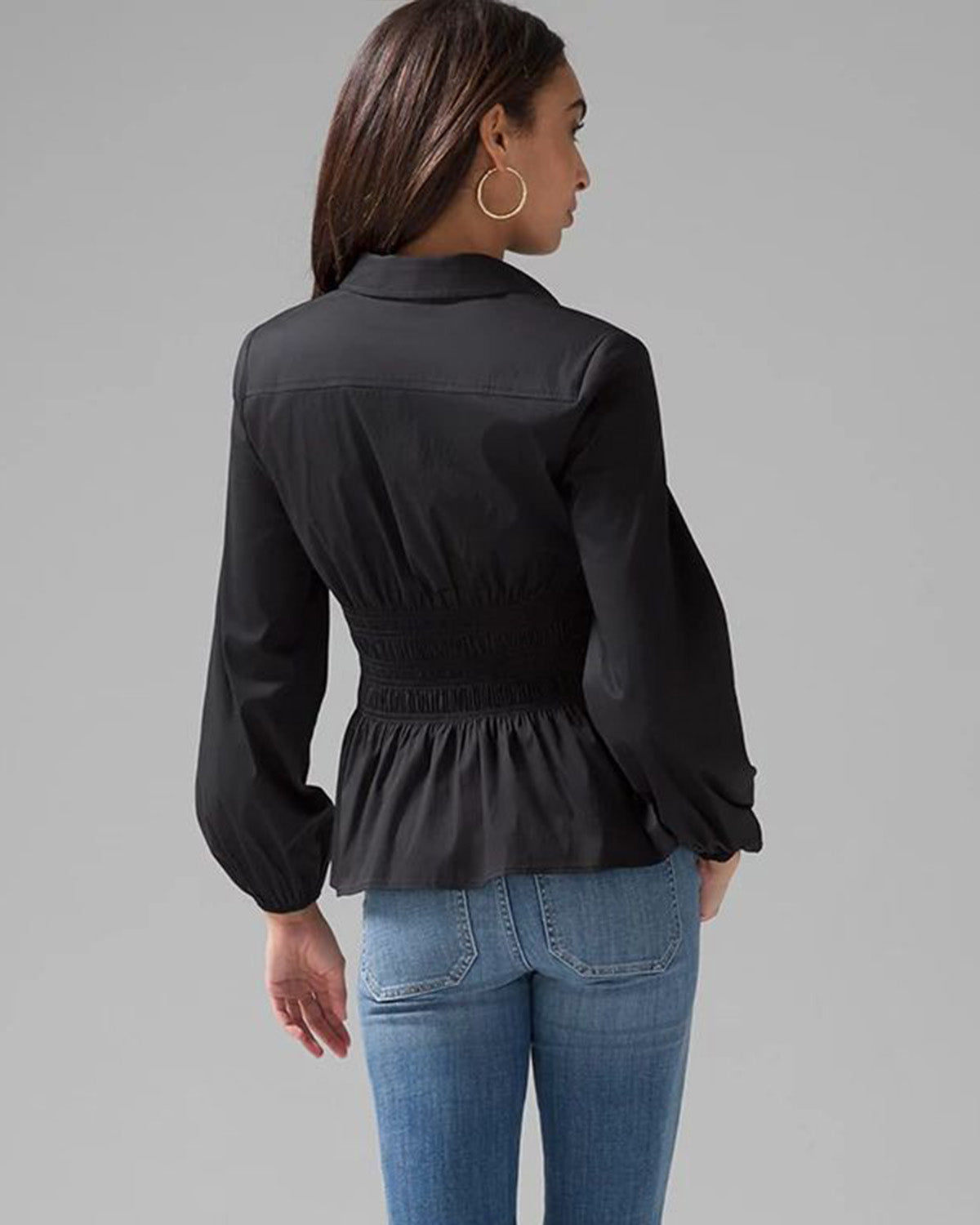 topwear,tops,casual, semi-formal, vacation,minimal, summer,woven,cotton,black,solid,smocked, ruched,button,relaxed fit,shirt,waist length,flared hem,collared,balloon sleeves,long sleeves, OY1910, 25060010GG