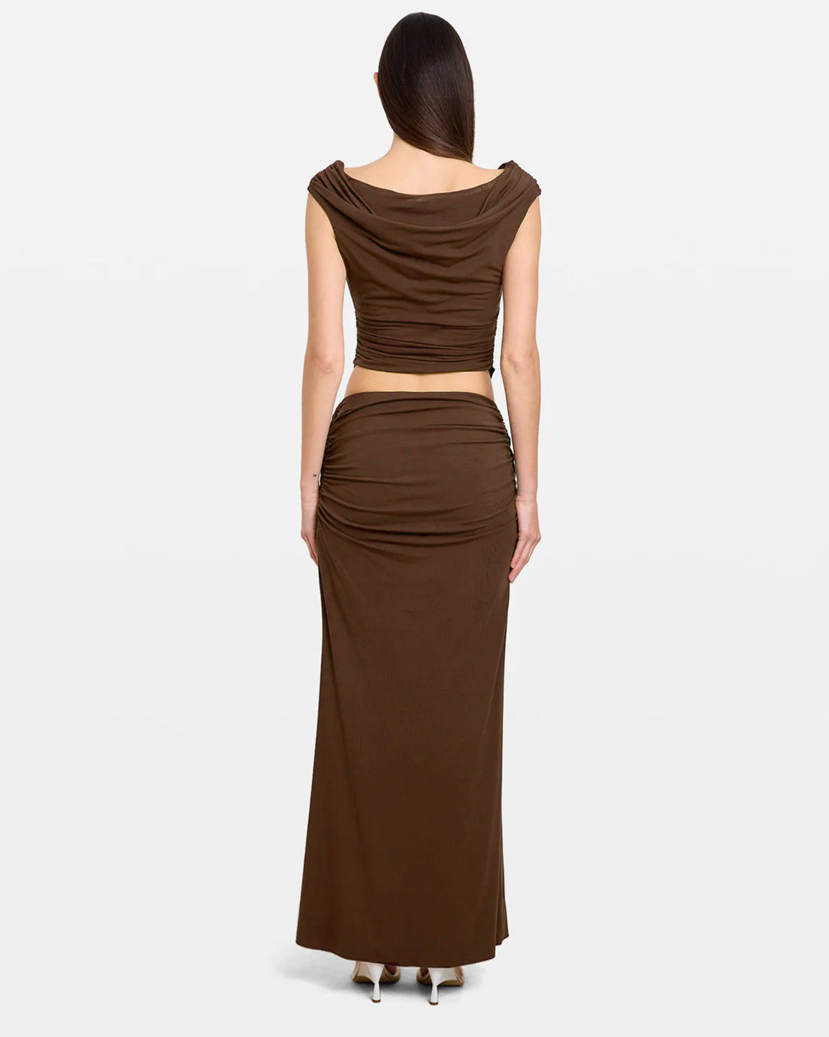 coord sets,bottomwear, topwear,casual chic, outddoors, vacation, lunch date, summer,urban fit, genz, minimal,knitted,ribbed,brown,solid,gathers ,,,slim fit top,fitted top,waist length,curve hem top,off shoulder,no straps,sleeveless,cold shoulder,slip on top,pants,pencil skirt,full length,straight hem,mid rise waist,no pockets, OY3050, 25070021GG