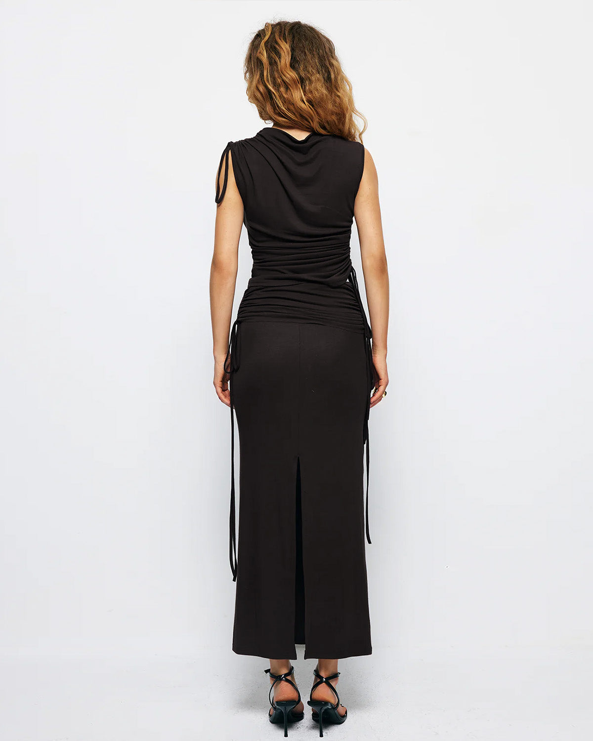 coord sets,bottomwear, topwear,casual, vacation, outdoors, summer,urban fit, genz, minimal,knitted,polyester, spandex,,,black,solid,ruching,drawstring,slim fit top,ruched top,longline top,straight hem,crew neck,no straps,sleeveless,sleeveless,slip on top,skirts,pencil skirt,full length,straight hem,mid rise waist,no pockets,OY3040, 25070013GG