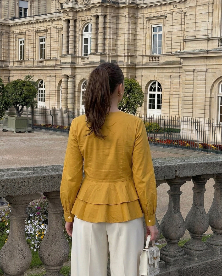 Double Layer Peplum V-Neck Top - Mustard