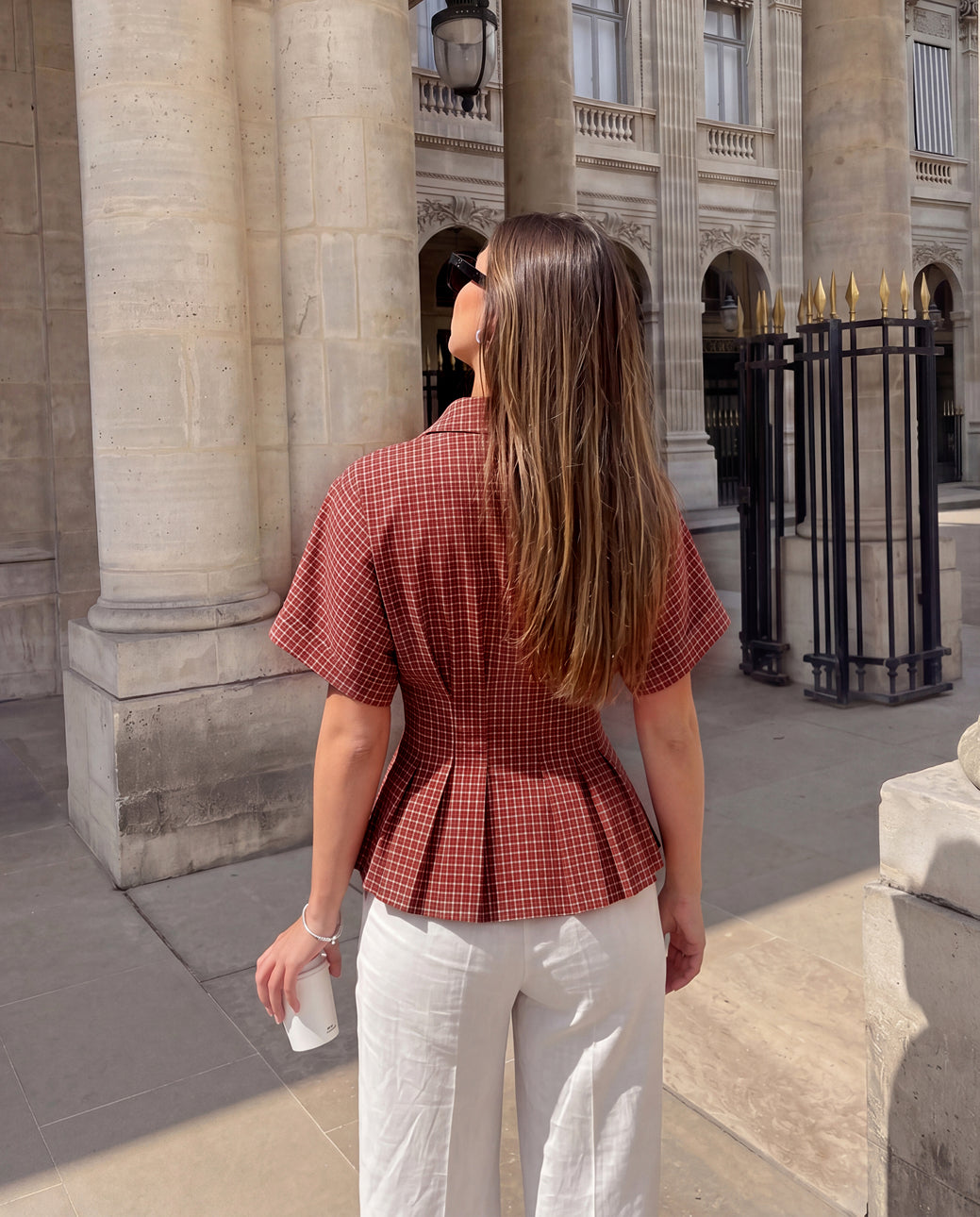 Pleated Cinched Waist Check Shirt in Red