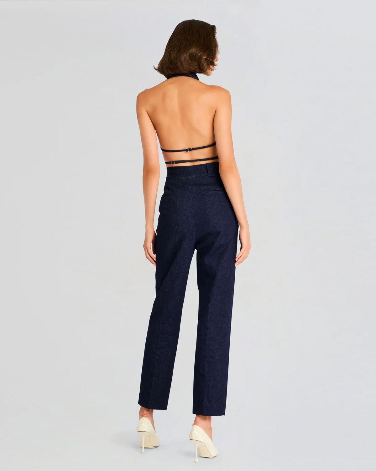 coord sets,bottomwear, topwear,casual chic, vacation, outdoor events, summer, bold,genz,woven,denim,pleated,denim blue,solid,pleats,buttons,slim fit top,waist fitted top,waist length top,curve hem top,halter neck,no straps ,no sleeves,sleeveless,button up,pants,tapered pants,full length,straight hem,mid rise waist,side pockets	,OY3060, 25070029GG