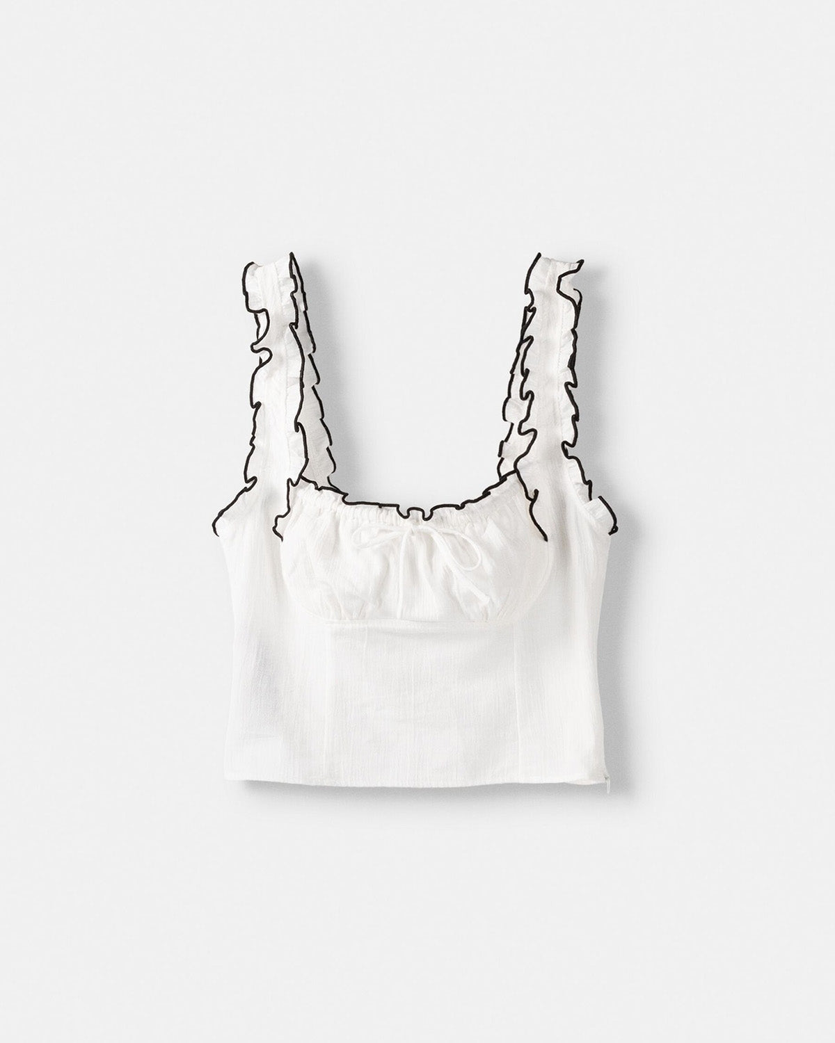 ruffled-edge-crop-top-white,topwear,tops,casual,soft girl,woven,cotton crepe,white,solid,ruffled,slim fit,crop,crop,square neck,shoulder strap,sleeveless,Color: White
Fabric: Cotton Crepe
Fit: Slim Fit 
Length: Crop
Neck: Square Neck
Print: Solid
Details: Ruffled edges in black creates a striking contrast, the square neckline features subtle gather and drawstring for added detail,RUFFLED EDGE CROP TOP