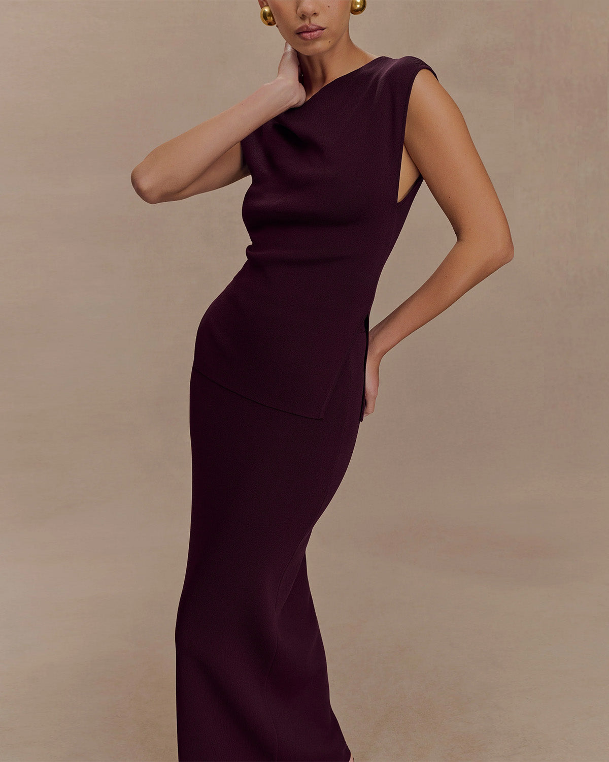 coord sets,bottomwear, topwear,semi-formal, outdoor events, casual chic, summer,urban fit, genz, minimal,knitted,kenzo ribbed,wine ,solid,slim fit top,fitted top,waist length top,slit hem,boat neck,no straps,sleeveless,sleeveless,slip on top,skirts,straight skirt,maxi length,straight hem,mid rise waist,no pockets, OY3043, 25070016GG