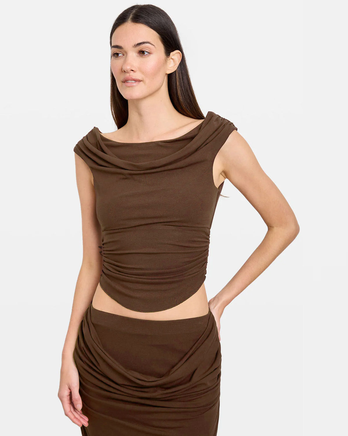 coord sets,bottomwear, topwear,casual chic, outddoors, vacation, lunch date, summer,urban fit, genz, minimal,knitted,ribbed,brown,solid,gathers ,,,slim fit top,fitted top,waist length,curve hem top,off shoulder,no straps,sleeveless,cold shoulder,slip on top,pants,pencil skirt,full length,straight hem,mid rise waist,no pockets, OY3050, 25070021GG