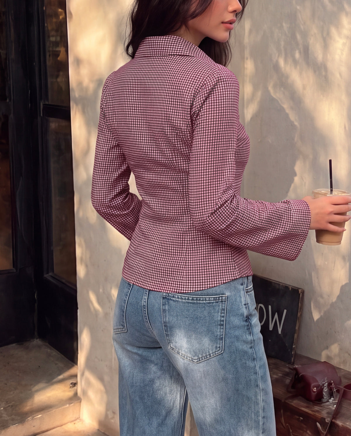 Burgundy Gingham Check Flared Sleeve Fitted Shirt