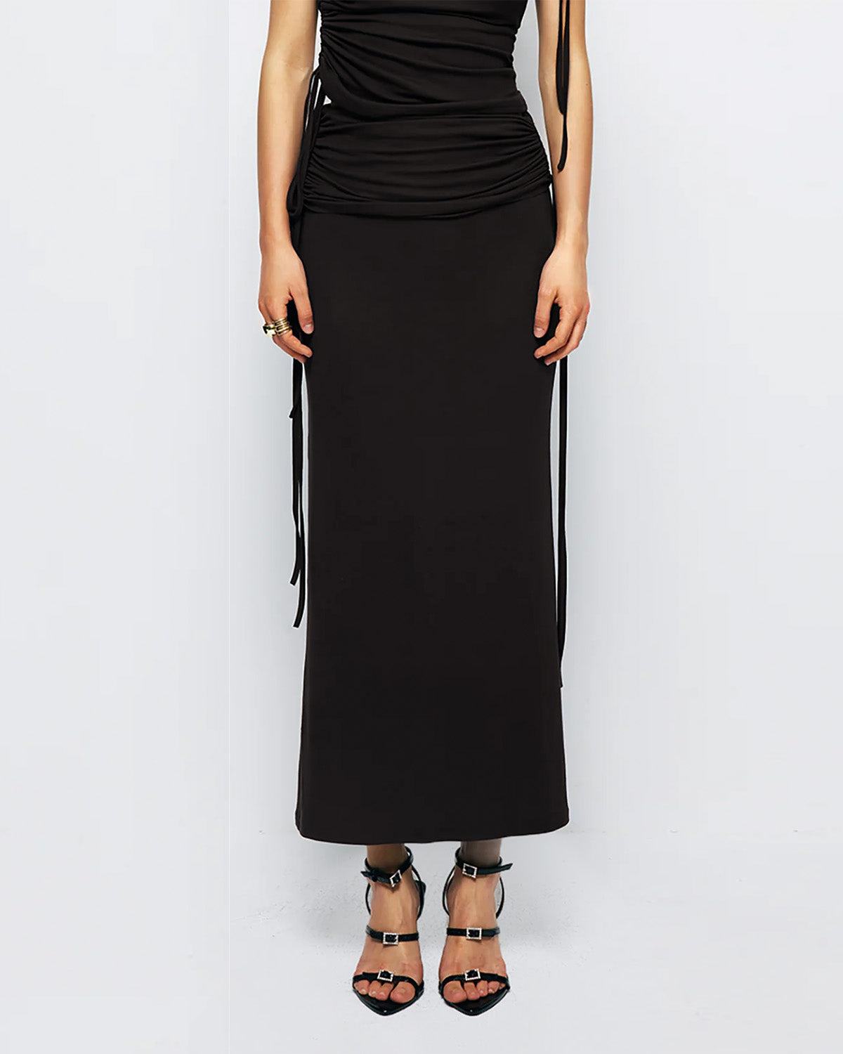 coord sets,bottomwear, topwear,casual, vacation, outdoors, summer,urban fit, genz, minimal,knitted,polyester, spandex,,,black,solid,ruching,drawstring,slim fit top,ruched top,longline top,straight hem,crew neck,no straps,sleeveless,sleeveless,slip on top,skirts,pencil skirt,full length,straight hem,mid rise waist,no pockets,OY3040, 25070013GG