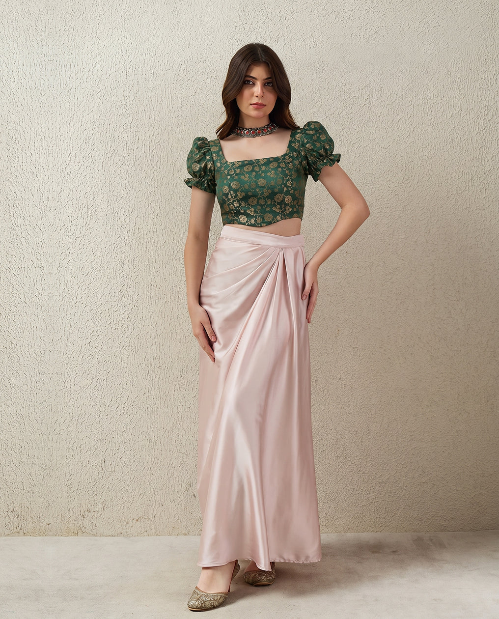 Teal Green Puff Sleeves Brocade Corset Top