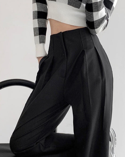 bottomwear,trousers,semi-formal,workwear,stretchable,polyester, spandex,black,pleated,relaxed fit,wide leg,full length,high rise, 24090016GG, OY963