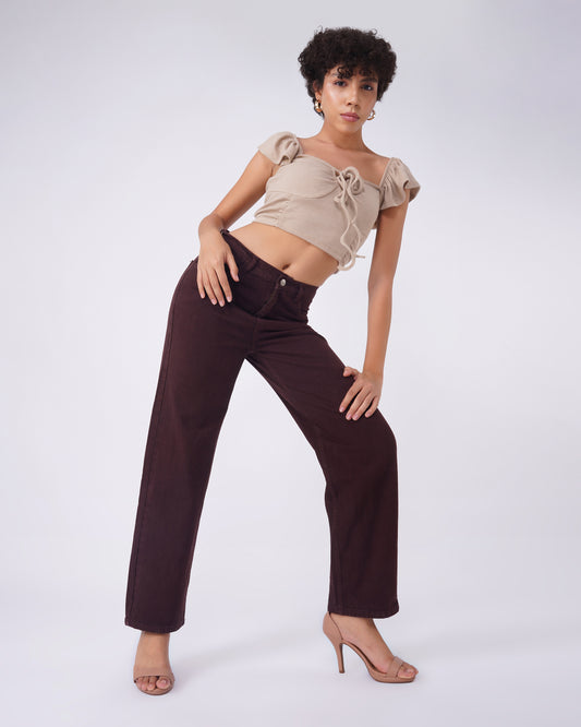 Brown Solid Relaxed Fit Jeans