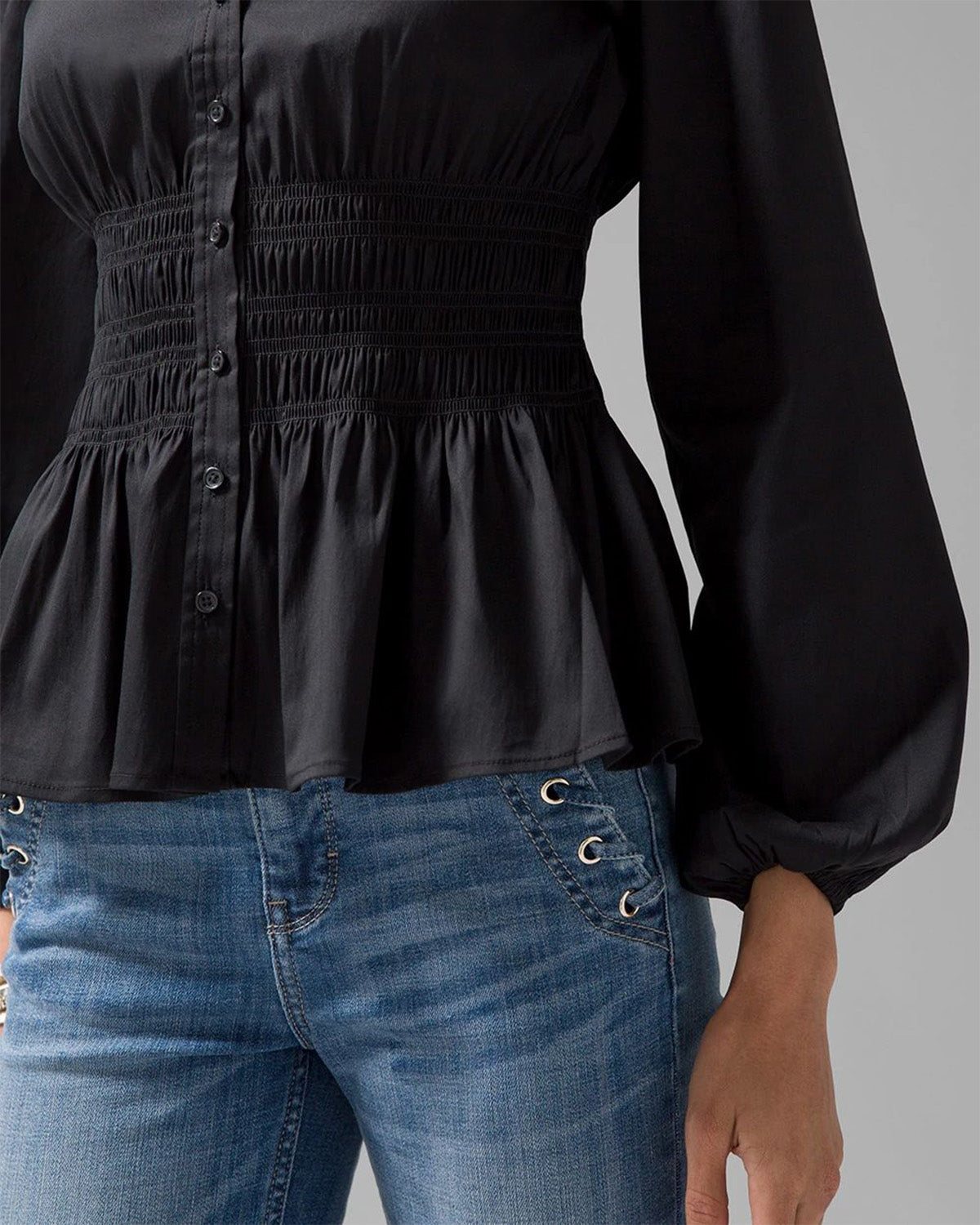 topwear,tops,casual, semi-formal, vacation,minimal, summer,woven,cotton,black,solid,smocked, ruched,button,relaxed fit,shirt,waist length,flared hem,collared,balloon sleeves,long sleeves, OY1910, 25060010GG