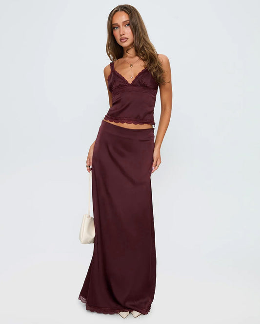 coord sets,bottomwear, topwear,casual chic, vacation, outdoor events, minimal, summer, urban fit, bold, ,knitted,woven,maroon,solid,laced,laced,slim fit top,fitted top,waist length top,scalloped hem,cami neck,adjustable straps,no sleeves,no sleeves,slip on,skirts,straight skirt,full length,straight hem,mid rise waist,no pockets,OY3063, 25070032GG