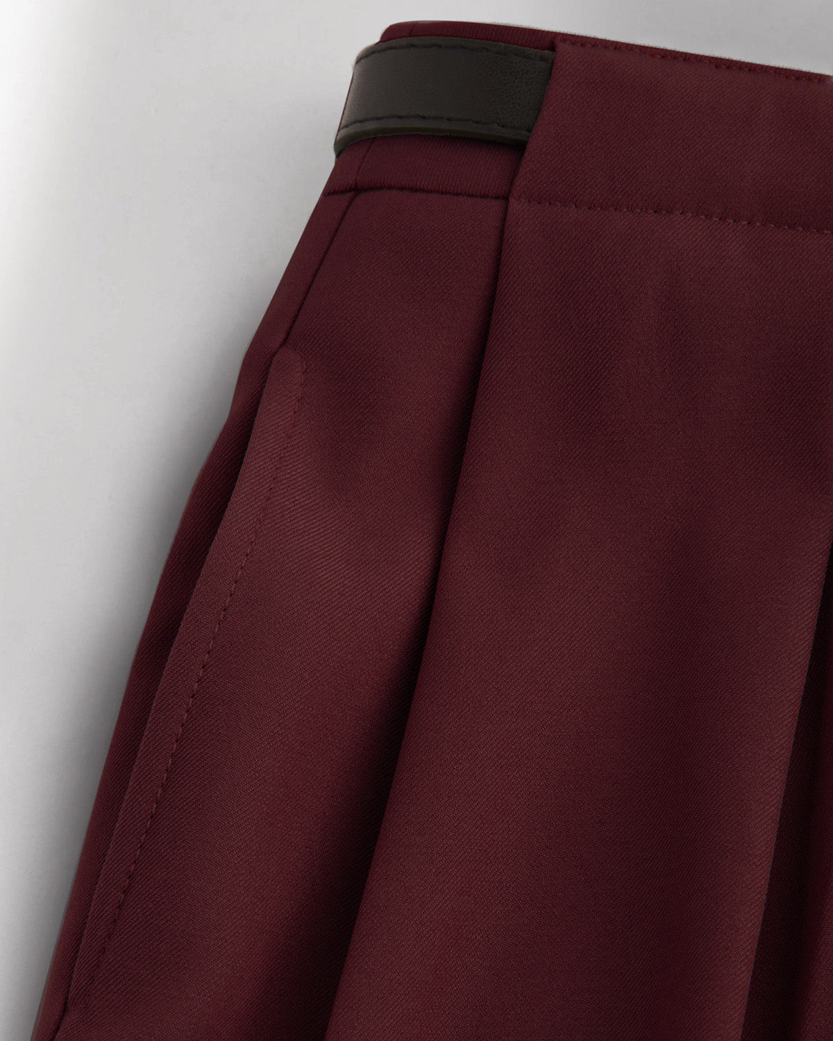 WIDE BELT LOOP PLEATED PANTS,Color: Maroon
Fabric: 92% poly 8% spandex
Fit: Straight Fit 
Length: Full Length (40")
Waist: High Rise 
Closure: Zip & Hook
No. of Pockets: 2
Print: Solid,pants,bottomwear,pants,semi-formal,workwear,stretchable,polyester, spandex,maroon, wine,pleated,tailored fit,wide leg,full length,high rise,OY975,24090019GG