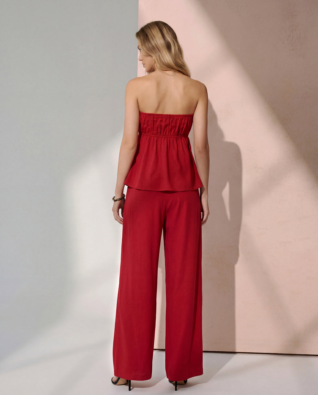 Cherry Red Bandeau Top And Pants Co Ord Set