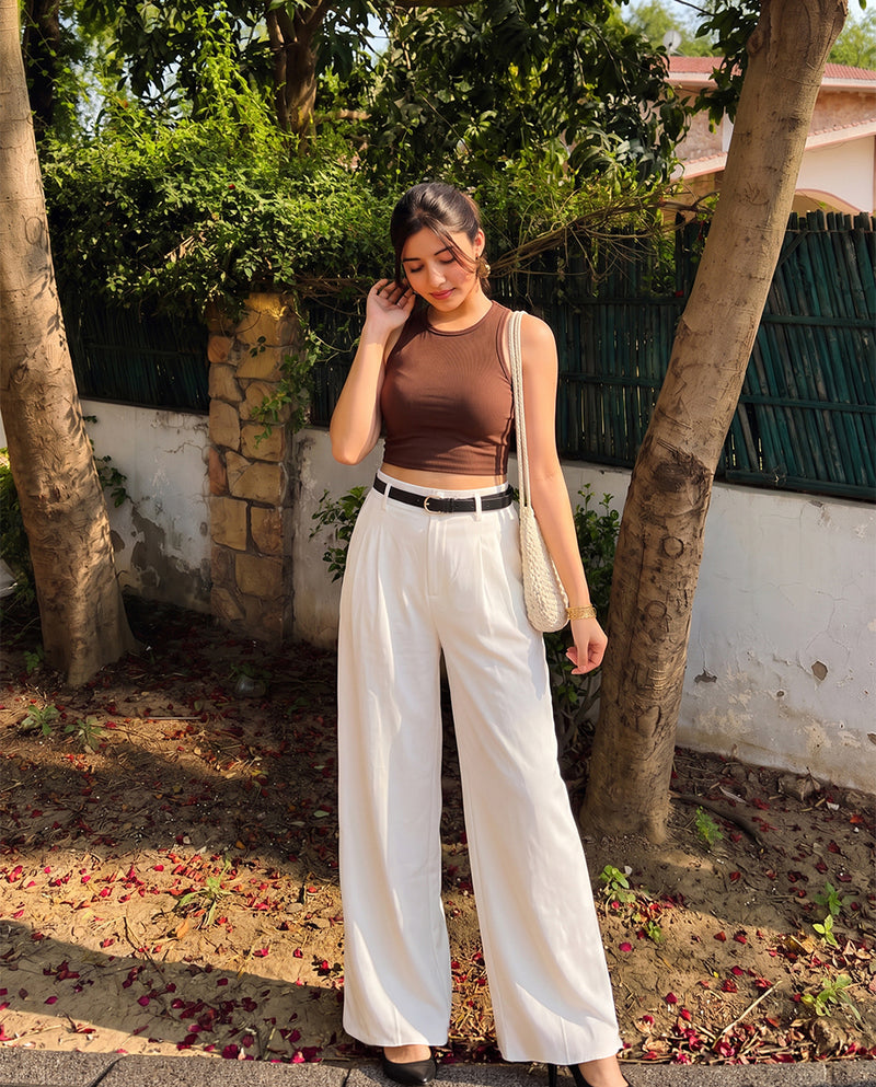 White Pleated Pants With Belt