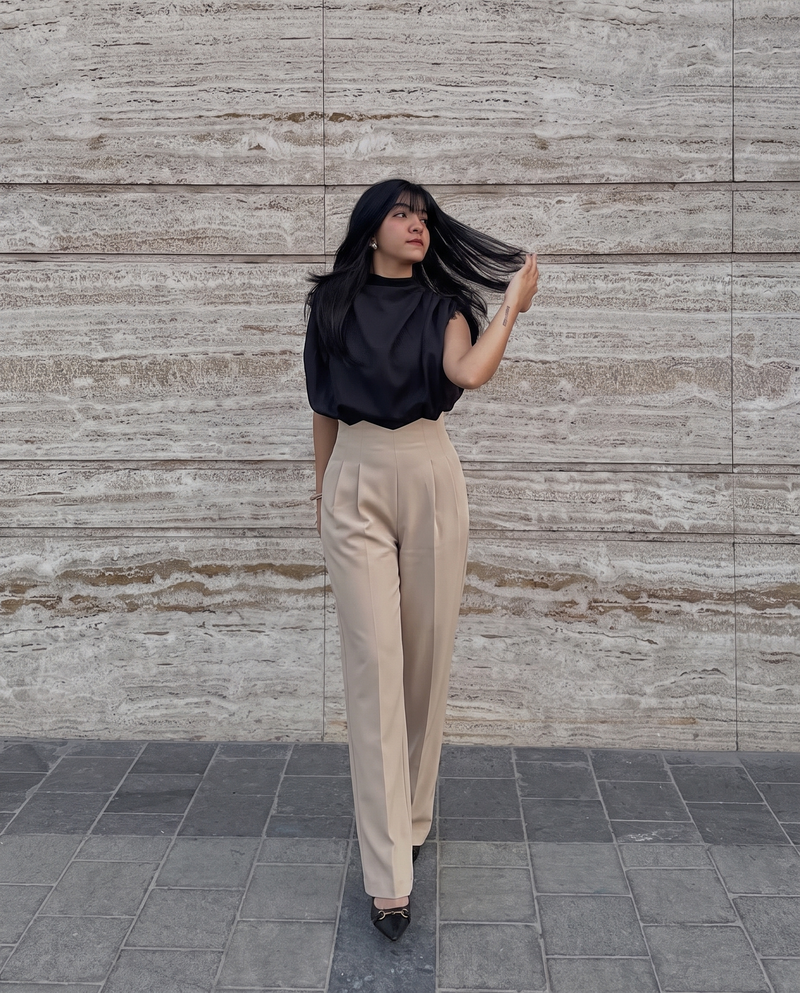 Corset Waist Pleated Pants - Beige