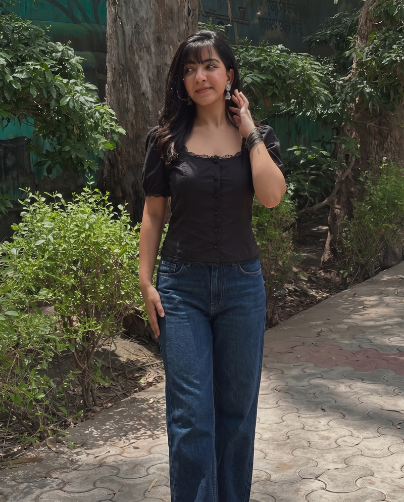 Black Lace-Trim Fitted Button-Up Top