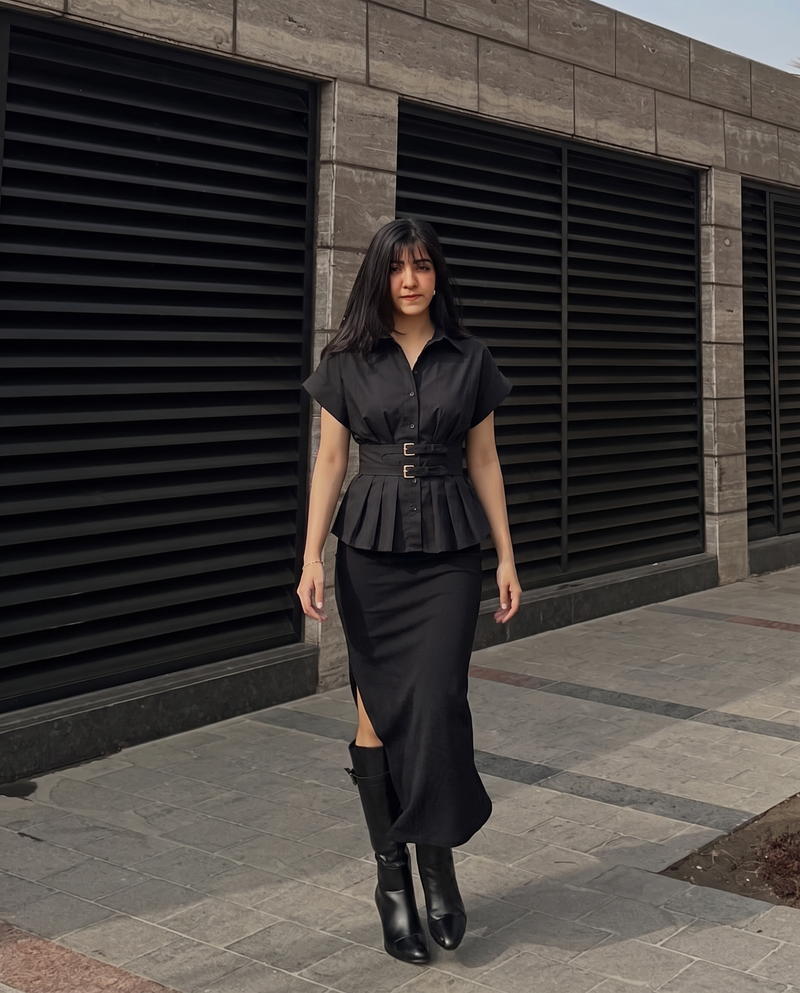 Black Pleated Belted Shirt