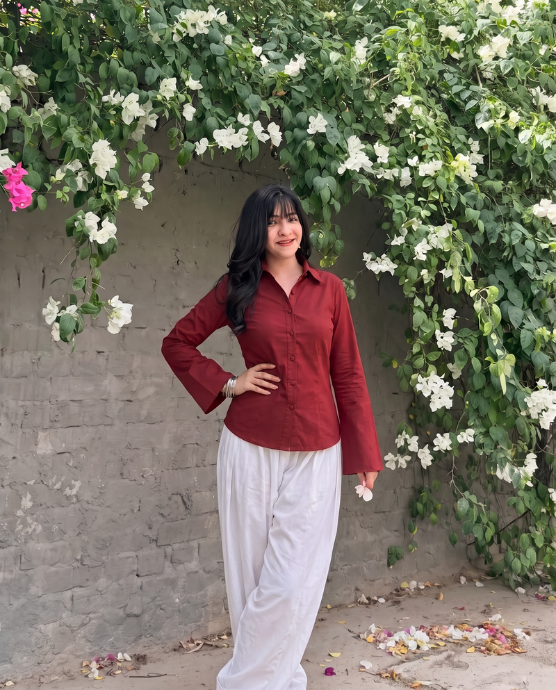 Cherry Red Flared Sleeves Shirt