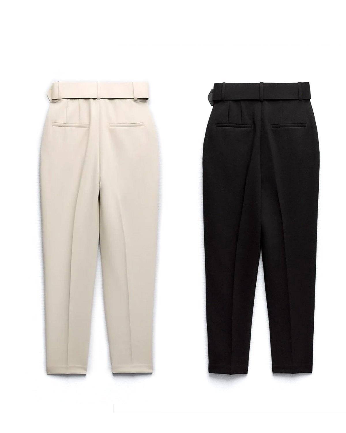 Beige, belt, black, bottomwear, bundle, full length, high rise, pants, polyester, semi-formal, spandex, straight fit, tapered, workwear, woven,set-of-two-belted-stretchable-pants,SET OF TWO BELTED STRETCHABLE PANTS
